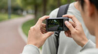 This slim camera has a transparent LCD screen for a viewfinder